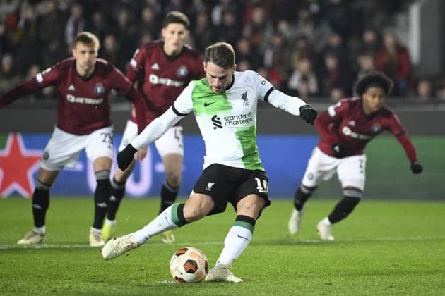 Alexis Mac Allister of Liverpool scores during the Europa League semifinal opening match: Sparta vs Liverpool in Prague, Czech Republic, March 7, 2024. (CTKxPhoto OndrejxDeml) CTKPhotoP2024030708552  CTKPhotoP2024030708552