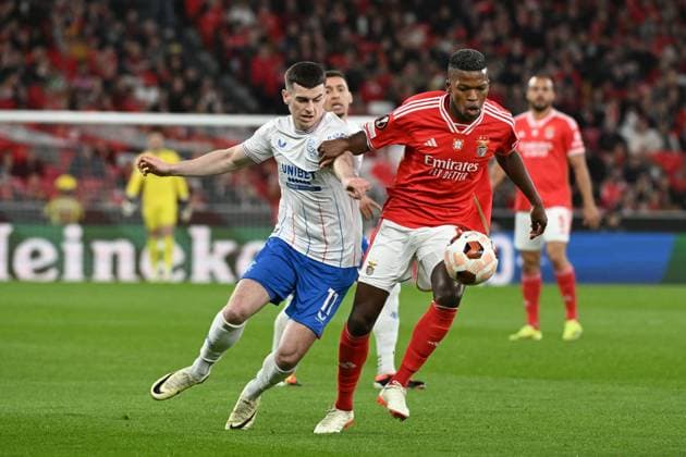 Florentino Luis of Benfica and Tom Lawrence of Rangers Benfica v Rangers, UEFA Europa League, Round of 16, First Leg, Football, Estadio da Luz, Lisbon, Portugal - 07 Mar 2024 EDITORIAL USE ONLY No use with unauthorised audio, video, data, fixture lists, club league logos or live services. Online in-match use limited to 120 images, no video emulation. No use in betting, games or single club league player publications. Copyright: xZedxJameson Shutterstockx 14373669ai