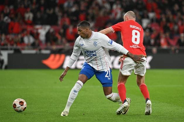 Dujon Sterling of Rangers and Fredrik Aursnes of Benfica Benfica v Rangers, UEFA Europa League, Round of 16, First Leg, Football, Estadio da Luz, Lisbon, Portugal - 07 Mar 2024 EDITORIAL USE ONLY No use with unauthorised audio, video, data, fixture lists, club league logos or live services. Online in-match use limited to 120 images, no video emulation. No use in betting, games or single club league player publications. Copyright: xZedxJameson Shutterstockx 14373669aq