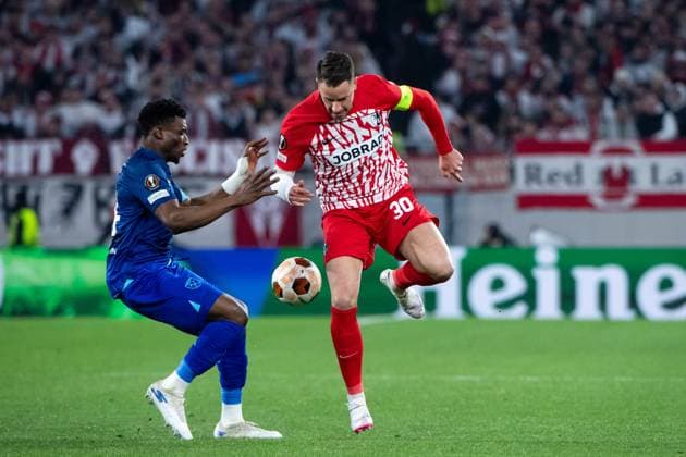 Christian Guenter (SC Freiburg, 30) im Zweikampf mit Mohammed Kudus (West Ham United, 14), GER, SC Freiburg vs West Ham United, Fussball UEFA Europa League, Achtelfinale Hinspiel, Saison 2023 2024, 07.03.2024 GER, SC Freiburg vs West Ham United, Fussball UEFA Europa League, Achtelfinale Hinspiel, Saison 2023 2024, 07.03.2024 Freiburg Copyright: xEibner-Pressefoto Memmlerx EP_MMR
