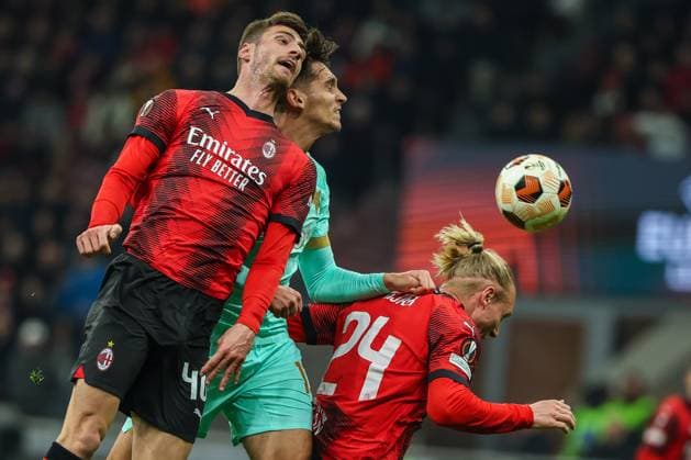 Mojmir Chytil of SK Slavia Praha seen in action with Matteo Gabbia of AC Milan during UEFA Europa League 2023 24 Round of 16 - 1st leg football match between AC Milan and SK Slavia Praha at San Siro Stadium, Milan, Italy on March 07, 2024  Copyright: xFabrizioxCarabelli IPAxSportx xix xx IPA_44086901 IPA_Agency_IPA44086901