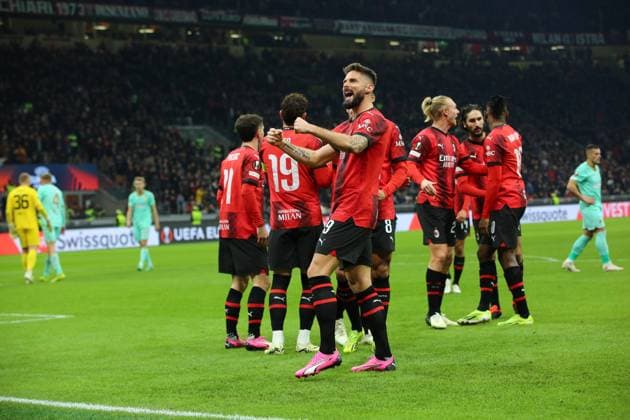 March 7, 2024, Milan, Lombardy, Italy: OLIVIER GIROUD of AC Milan scores his side first goal in the UEFA Europa League Round of 16 first leg game between AC Milan and Slavia Praha at San Siro Stadium in Milan, Italy Milan Italy - ZUMAc179 20240307_zep_c179_007 Copyright: xMickaelxChavetx