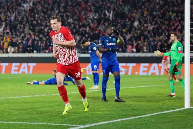 Torjubel bei Michael Gregoritsch (SC Freiburg, 38) nach seinem Tor zum 1:0 , Fussball, UEFA Europa League, Achtelfinale, 2023 2024, SC Freiburg vs. West Ham United, 07.03.2024, Europa-Park Stadion , Freiburg im Breisgau, Deutschland Freiburg im Breisgau Europa-Park Stadion Baden-Wuerttemberg Deutschland Copyright: xGrantxHubbsx