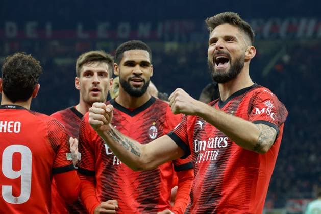IPP20240307 Football - soccer: UEFA Europa League 2023 2024, A.C. Milan - SK Slavia Prague, l esultanza di Oliver Giroud del Milan dopo il gol. (Verwendung nur in Deutschland - GERMANY ONLY) *** IPP20240307 Football soccer UEFA Europa League 2023 2024, A C Milan SK Slavia Prague, l esultanza di Oliver Giroud del Milan dopo il gol Use only in Germany GERMANY ONLY 