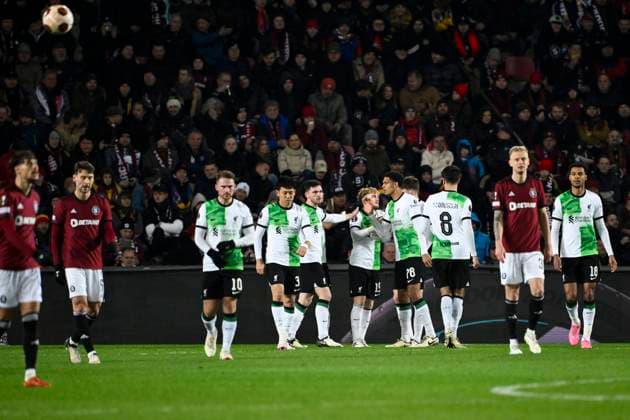 Soccer players of Liverpool FC celebrate victory after the Europa League semifinal opening match: Sparta vs Liverpool in Prague, Czech Republic, March 7, 2024. (CTKxPhoto OndrejxDeml) CTKPhotoP2024030711088  CTKPhotoP2024030711088