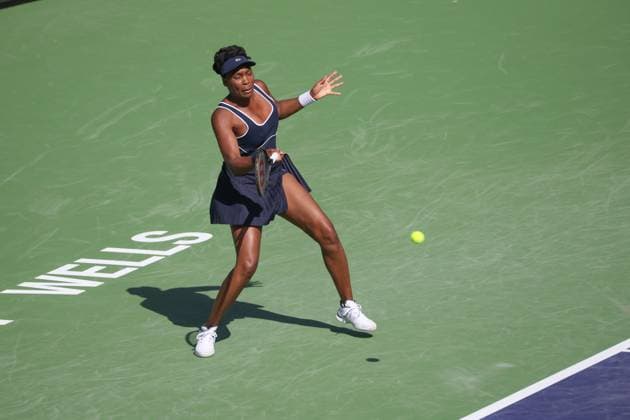 INDIAN WELLS, CA - MARCH 07: Venus Williams (USA) hits a forehand during the BNP Paribas Open on March 7, 2024 at Indian Wells Tennis Garden in Indian Wells. CA. (Photo by George Walker Icon Sportswire) TENNIS: MAR 07 BNP Paribas Open EDITORIAL USE ONLY Icon240307027