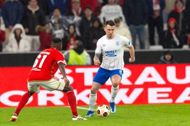 Ryan Jack of Rangers and Florentino of Benfica during the Europa League Round of 16 Match at the Estadio da Luz, Lisbon. Benfica v Rangers, UEFA Europa League, Round of 16, First Leg, Football, Estadio da Luz, Lisbon, Portugal - 07 Mar 2024 EDITORIAL USE ONLY No use with unauthorised audio, video, data, fixture lists, club league logos or live services. Online in-match use limited to 120 images, no video emulation. No use in betting, games or single club league player publications. Copyright: xLukexNickerson RangersxFC Shutterstockx 14380036gz