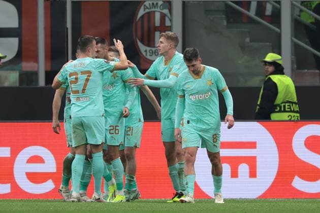 Milan, Italy, 7th March 2024. Ivan Schranz of Slavia Praha celebrates with team mates after scoring to pull a goal back and reduce the arrears to 3-2 during the UEFA Europa League match at Giuseppe Meazza, Milan. Picture credit should read: Jonathan Moscrop Sportimage EDITORIAL USE ONLY. No use with unauthorised audio, video, data, fixture lists, club league logos or live services. Online in-match use limited to 120 images, no video emulation. No use in betting, games or single club league player publications. SPI-2971-0052