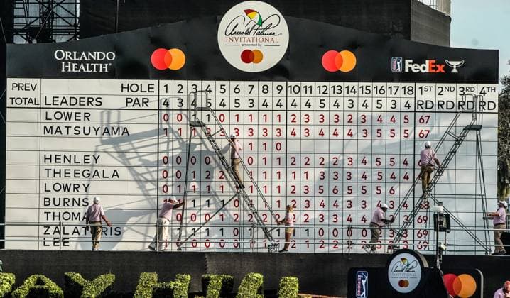 March 7, 2024, Orlando, Florida, United States: The leaderboard as seen on the 18th fairway during the first round of the 2024 Arnold Palmer Invitational presented by Mastercard at Bay Hill Club & Lodge. Orlando United States - ZUMAw109 20240307_fap_w109_035 Copyright: xDebbyxWongx