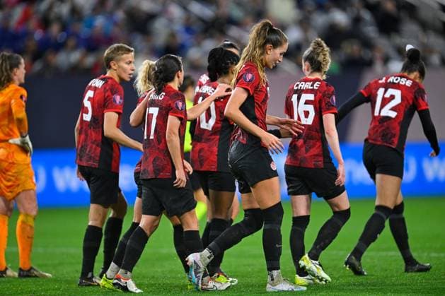 RECORD DATE NOT STATED Concacaf W Gold Cup 2024 Canada 2-2 United States Jordyn Huitema celebrates her goal 1-1 of Canada during the Semifinals match between Canada and United States (USA) as part of the Concacaf Womens Gold Cup 2024, at Snapdragon Stadium on March 06, 2024 in San Diego, California, United States. SAN DIEGO CALIFORNIA UNITED STATES  Copyright: xJorgexMartinezx 20240306230135_CWGC_2024_SF_CAN_USA_HUITEMA138