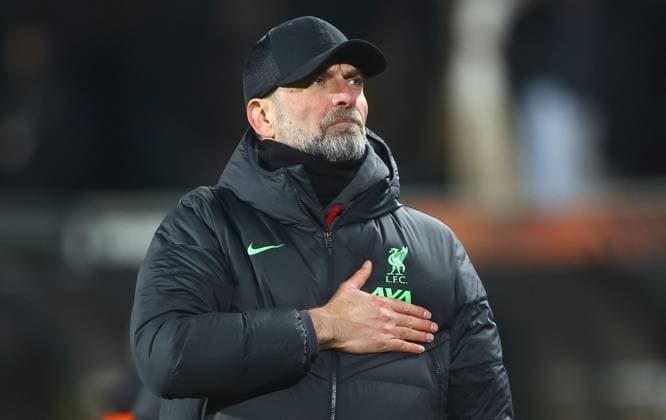 Sport Bilder des Tages Liverpool manager Jurgen Klopp celebrates at full time Sparta Prague v Liverpool, UEFA Europa League, Round of 16, First Leg, Football, epet ARENA, Prague, Czech Republic - 07 Mar 2024 EDITORIAL USE ONLY No use with unauthorised audio, video, data, fixture lists, club league logos or live services. Online in-match use limited to 120 images, no video emulation. No use in betting, games or single club league player publications.  Copyright: xKieranxMcManus Shutterstockx 14373656bq