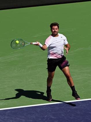 INDIAN WELLS, CA - MARCH 07: Stan Wawrinka (SUI) returns the ball during an ATP, Tennis Herren tennis match played on March 7, 2024 at the BNP Paribas Open at the Indian Wells Tennis Garden in Indian Wells, CA. (Photo by John Cordes Icon Sportswire) TENNIS: MAR 07 BNP Paribas Open EDITORIAL USE ONLY Icon506240307010