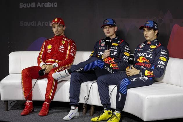 VERSTAPPEN Max (ned), Red Bull Racing RB20, LECLERC Charles (mco), Scuderia Ferrari SF-24 and PEREZ Sergio (mex), Red Bull Racing RB20, portrait, press conference, PK, Pressekonferenz during the Formula 1 STC Saudi Arabian Grand Prix 2024, 2nd round of the 2024 Formula One World Championship, WM, Weltmeisterschaft from March 7 to 9, 2024 on the Jeddah Corniche Circuit, in Jeddah, Saudi Arabia - F1 - SAUDI ARABIAN GRAND PRIX 2024 DPPI Panoramic 240308_R02_SAUDI_240308_R02_SAUDI__LF_1400