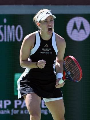 INDIAN WELLS, CA - MARCH 08: Angelique Kerbar (GER) retracts after winning a point during a WTA, Tennis Damen tennis match played on March 8, 2024 during the BNP Paribas Open played at the Indian Wells Tennis Garden in Indian Wells, CA. (Photo by John Cordes Icon Sportswire) TENNIS: MAR 08 BNP Paribas Open EDITORIAL USE ONLY Icon506240308017