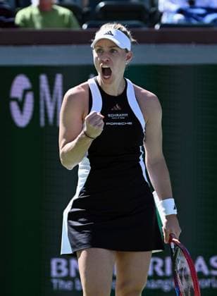 INDIAN WELLS, CA - MARCH 08: Angelique Kerbar (GER) retracts after winning a point during a WTA, Tennis Damen tennis match played on March 8, 2024 during the BNP Paribas Open played at the Indian Wells Tennis Garden in Indian Wells, CA. (Photo by John Cordes Icon Sportswire) TENNIS: MAR 08 BNP Paribas Open EDITORIAL USE ONLY Icon506240308019