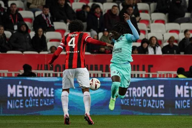 Tanguy Coulibaly (Montpellier HSC) - Dante (OGC Nice) FOOTBALL : OGC Nice vs Montpellier - Ligue 1 Uber Eats - Nice - 08 03 2024 NorbertScanella Panoramic 