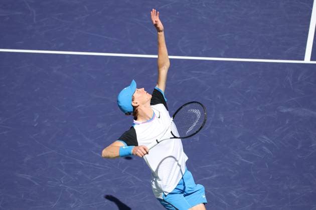 INDIAN WELLS, CA - MARCH 08: Jannik Sinner (ITA) serves during the BNP Paribas Open on March 8, 2024 at Indian Wells Tennis Garden in Indian Wells, CA. (Photo by George Walker Icon Sportswire) TENNIS: MAR 08 BNP Paribas Open EDITORIAL USE ONLY Icon240308002