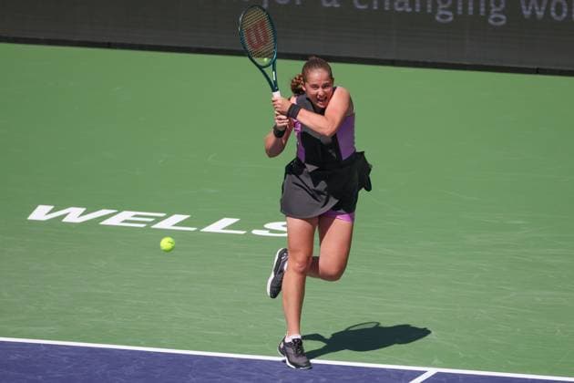 INDIAN WELLS, CA - MARCH 08: Jelena Ostapenko (LAT) hits a backhand during the BNP Paribas Open on March 8, 2024 at Indian Wells Tennis Garden in Indian Wells, CA. (Photo by George Walker Icon Sportswire) TENNIS: MAR 08 BNP Paribas Open EDITORIAL USE ONLY Icon240308044