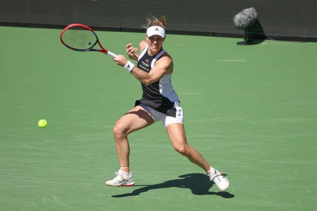 INDIAN WELLS, CA - MARCH 08: Angelique Kerber (GER) hits a forehand during the BNP Paribas Open on March 8, 2024 at Indian Wells Tennis Garden in Indian Wells, CA. (Photo by George Walker Icon Sportswire) TENNIS: MAR 08 BNP Paribas Open EDITORIAL USE ONLY Icon240308054