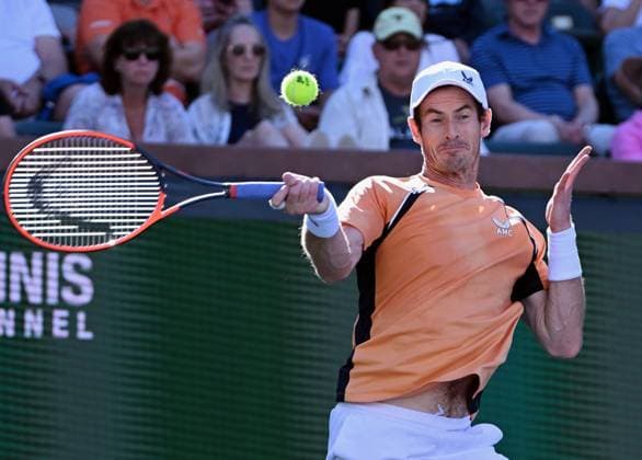 INDIAN WELLS, CA - MARCH 08: Andy Murray (GBR) returns the ball during a ATP, Tennis Herren tennis match played on March 8, 2024 during the BNP Paribas Open played at the Indian Wells Tennis Garden in Indian Wells, CA. (Photo by John Cordes Icon Sportswire) TENNIS: MAR 08 BNP Paribas Open EDITORIAL USE ONLY Icon506240308077