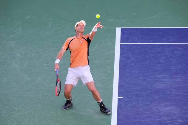 INDIAN WELLS, CA - MARCH 08: Andy Murray (GBR) serves during the BNP Paribas Open on March 8, 2024 at Indian Wells Tennis Garden in Indian Wells, CA. (Photo by George Walker Icon Sportswire) TENNIS: MAR 08 BNP Paribas Open EDITORIAL USE ONLY Icon240308096