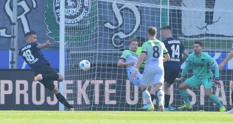 09.03.2024, xblx, Fussball 2.Bundesliga, SV Wehen Wiesbaden - Hannover 96 emspor, v.l. Ivan Prtajin (SV Wehen Wiesbaden), Goal scored, Tor zum 1:0 (DFL DFB REGULATIONS PROHIBIT ANY USE OF PHOTOGRAPHS as IMAGE SEQUENCES and or QUASI-VIDEO) Wiesbaden