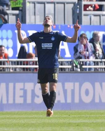 09.03.2024, xblx, Fussball 2.Bundesliga, SV Wehen Wiesbaden - Hannover 96 emspor, v.l. Ivan Prtajin (SV Wehen Wiesbaden), Goal scored, Tor zum 1:0, celebrate the goal, Torjubel , Jubel, jubeln, jubelt, (DFL DFB REGULATIONS PROHIBIT ANY USE OF PHOTOGRAPHS as IMAGE SEQUENCES and or QUASI-VIDEO) Wiesbaden