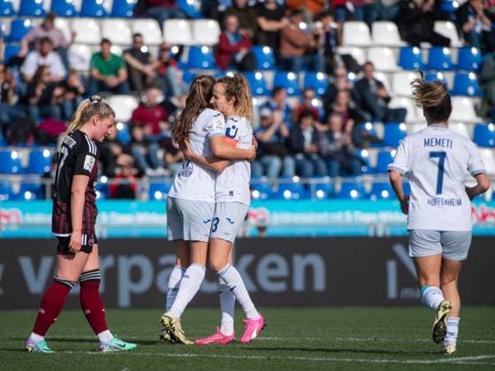 Mara Alber (TSG Hoffenheim, 11), Fabienne Dongus (TSG Hoffenheim, 33) jubeln ueber das Tor zum 1:0, Selma Magnusdottir (FC Nuernberg, 37) aergert sich, GER, TSG 1899 Hoffenheim vs 1. FC Nuernberg, Fussball Google Pixel Frauen Bundesliga, 15. Spieltag, Saison 2023 2024, 09.03.2024 DFB regulations prohibit any use of photographs as image sequences and or quasi-video GER, TSG 1899 Hoffenheim vs 1. FC Nuernberg, Fussball Google Pixel Frauen Bundesliga, 15. Spieltag, Saison 2023 2024, 09.03.2024 Hoffenheim Copyright: xEibner-Pressefoto Memmlerx EP_MMR
