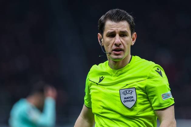 March 7, 2024, Milan, Italy: Referee Halil Umut Meler seen during Round of 16 . Leg 1 of 2 UEFA Europa League 2023 2024 between AC Milan and SK Slavia Praha at San Siro Stadium. Final score; Milan 4:2 Slavia Praha. Milan Italy - ZUMAs197 20240307_aab_s197_061 Copyright: xFabrizioxCarabellix