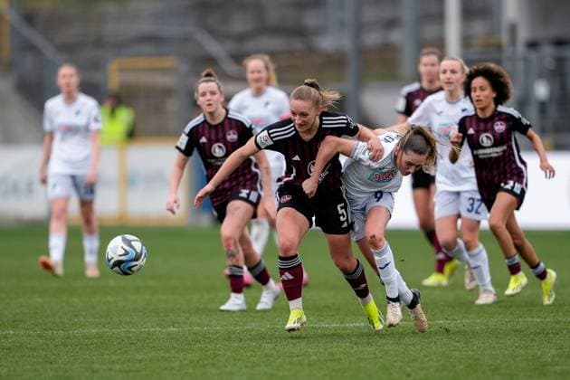 v.li.: Alina Mailbeck (FCN, 5), Jill Janssens (TSG, 9), Zweikampf, Spielszene, Duell, duel, tackle, tackling, Dynamik, Action, Aktion, 09.03.2024, Sinsheim (Hoffenheim) (Deutschland), Fussball, Google Pixel Frauen-Bundesliga, TSG 1899 Hoffenheim - 1. FC Nürnberg, DFB DFL REGULATIONS PROHIBIT ANY USE OF PHOTOGRAPHS AS IMAGE SEQUENCES AND OR QUASI-VIDEO.