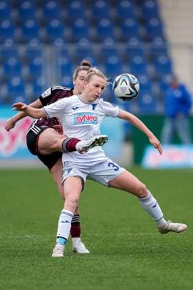 v.li.: Lara Felix (FCN, 13), Vanessa Diehm (TSG, 32), Zweikampf, Spielszene, Duell, duel, tackle, tackling, Dynamik, Action, Aktion, 09.03.2024, Sinsheim (Hoffenheim) (Deutschland), Fussball, Google Pixel Frauen-Bundesliga, TSG 1899 Hoffenheim - 1. FC Nürnberg, DFB DFL REGULATIONS PROHIBIT ANY USE OF PHOTOGRAPHS AS IMAGE SEQUENCES AND OR QUASI-VIDEO.