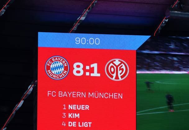Sport Themen der Woche KW10 München, Deutschland 09. März 2024: Fussball, Herren, Bundesliga, Saison 2023 2024, FC Bayern München - 1.FSV Mainz 05, Allianz Arena 8:1 Endstand auf der Anzeigetafel DFB, DFL regulations prohibit any use of photographs as image sequences and or quasi-video *** Munich, Germany 09 March 2024 Football, Men, Bundesliga, Season 2023 2024, FC Bayern München 1 FSV Mainz 05, Allianz Arena 8 1 Final score on the scoreboard DFB, DFL regulations prohibit any use of photographs as image sequences and or quasi video