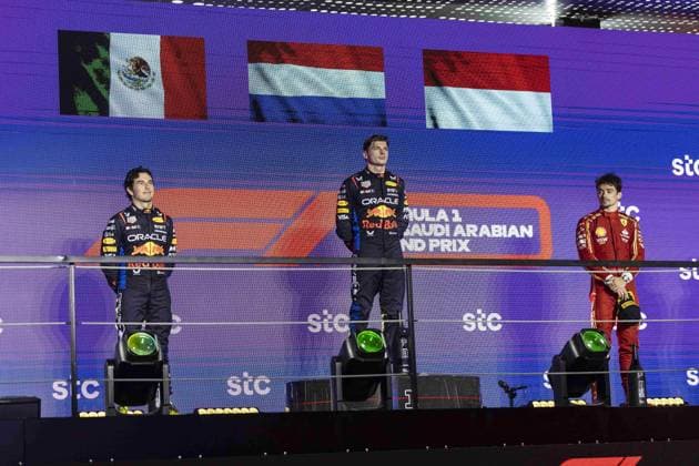 VERSTAPPEN Max (ned), Red Bull Racing RB20, portrait PEREZ Sergio (mex), Red Bull Racing RB20, portrait LECLERC Charles (mco), Scuderia Ferrari SF-24, portrait podium during the Formula 1 STC Saudi Arabian Grand Prix 2024, 2nd round of the 2024 Formula One World Championship, WM, Weltmeisterschaft from March 7 to 9, 2024 on the Jeddah Corniche Circuit, in Jeddah, Saudi Arabia - F1 - SAUDI ARABIAN GRAND PRIX 2024 DPPI Panoramic  240309_R02_SAUDI_XB3_1623