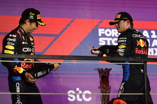 F1 Saudi Arabian Grand Prix 2024 Sergio Perez and Max Verstappen of Red Bull Racing at the podium after the Formula 1 Saudi Arabian Grand Prix at Jeddah Corniche Circuit in Jeddah, Saudi Arabia on March 9, 2024. Jeddah Saudi Arabia  Copyright: xJakubxPorzyckix originalFilename:porzycki-f1saudia240309_np810.jpg