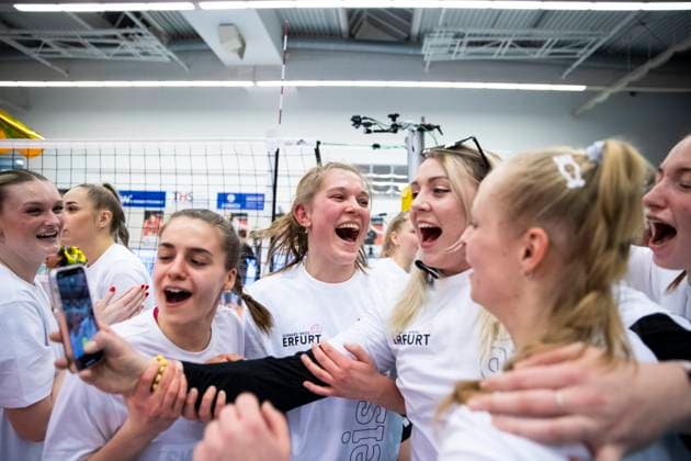 2. Bundesliga Frauen Pro: Schwarz-Weiss Erfurt vs. Allbau Volleys Essen; 09.03.2024 Jubel (Schwarz-Weiss Erfurt) 2. Bundesliga Frauen Pro: Schwarz-Weiss Erfurt vs. Allbau Volleys Essen; Riethsporthalle Erfurt; 09.03.2024 Copyright: xBEAUTIFULxSPORTS Duehringx