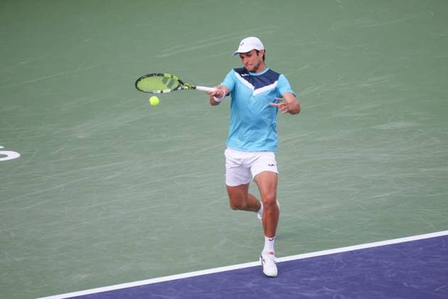 INDIAN WELLS, CA - MARCH 09: Aleksandar Vukic (AUS) hits a forehand during the BNP Paribas Open on March 9, 2024 at Indian Wells Tennis Garden in Indian Wells, CA. (Photo by George Walker Icon Sportswire) TENNIS: MAR 09 BNP Paribas Open EDITORIAL USE ONLY Icon240309070