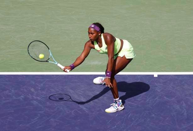 March 09, 2024 Coco Gauff returns a shot to Clara Burel of France during the BNP Paribas Open in Indian Wells, CA. CSM Indian Wells United States of America - ZUMAc04_ 20240309_zma_c04_147 Copyright: xCharlesxBausx