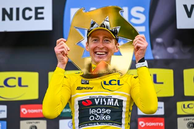 Bilder des Jahres 2024, Sport 03 März Sport Themen der Woche KW10 Sport Bilder des Tages Paris Nice 2024 Stage 8 Nice, France - March 10 : Jorgenson Matteo (USA) of Team Visma Lease a Bike on the podium with the yellow jersey during stage 8 of the men elite UCI World Tour 82nd edition of Paris - Nice cycling race, a stage of 109,3 kms with start in Nice and finish in Nice on March 10, 2024 in Nice, France, 10 03 2024 ( Motordriver Kenny Verfaillie - Nice France  Copyright: xVincentxKalutx