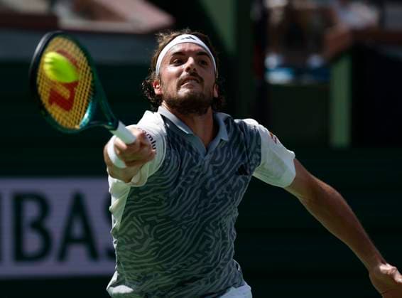 March 10, 2024 Stefanos Tsitsipas of Greece returns a shot against Frances Tiafoe during the BNP Paribas Open in Indian Wells, CA. CSM Indian Wells United States of America - ZUMAc04_ 20240310_zma_c04_096 Copyright: xCharlesxBausx