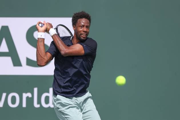 INDIAN WELLS, CA - MARCH 11: Gael Monfils (FRA) hits a backhand during the BNP Paribas Open on March 11, 2024 at Indian Wells Tennis Garden in Indian Wells, CA. (Photo by George Walker Icon Sportswire) TENNIS: MAR 11 BNP Paribas Open EDITORIAL USE ONLY Icon240311055