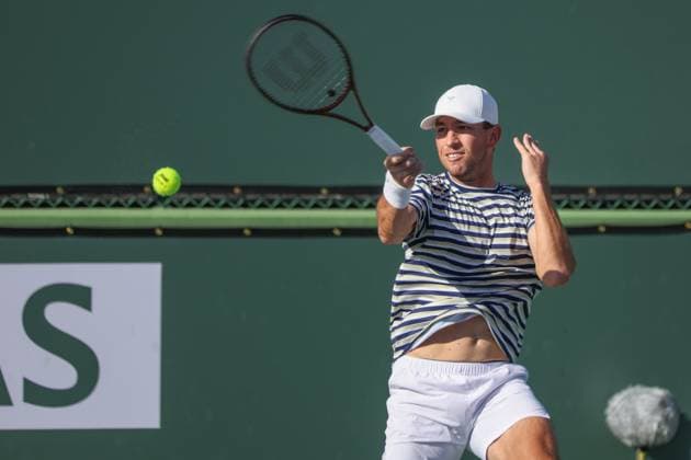 INDIAN WELLS, CA - MARCH 11: Jackson Withrow (USA) hits a forehand during the BNP Paribas Open on March 11, 2024 at Indian Wells Tennis Garden in Indian Wells, CA. (Photo by George Walker Icon Sportswire) TENNIS: MAR 11 BNP Paribas Open EDITORIAL USE ONLY Icon240311114