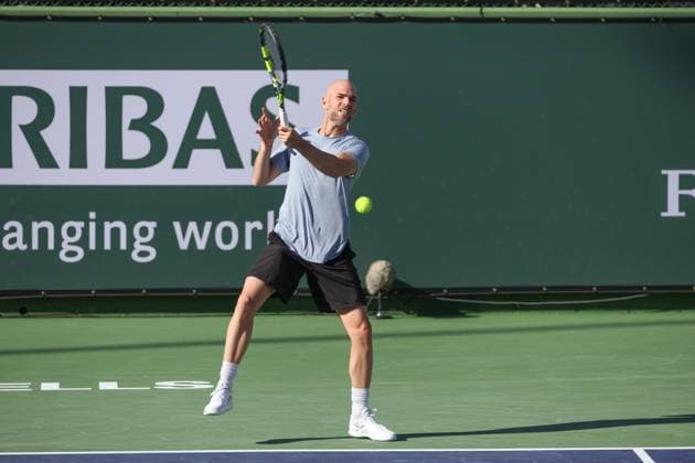 INDIAN WELLS, CA - MARCH 11: Adrian Mannarino (FRA) hits a forehand during the BNP Paribas Open on March 11, 2024 at Indian Wells Tennis Garden in Indian Wells, CA. (Photo by George Walker Icon Sportswire) TENNIS: MAR 11 BNP Paribas Open EDITORIAL USE ONLY Icon240311124
