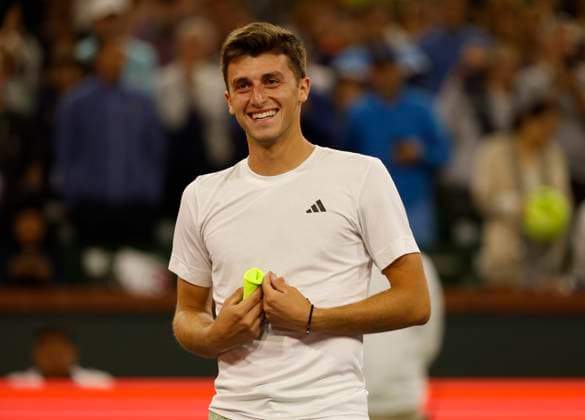 March 11, 2024 Luca Nardi of Italy reacts to winning the match against Novak Djokovic of Serbia during the BNP Paribas Open in Indian Wells, CA. CSM Indian Wells United States of America - ZUMAc04_ 20240311_zma_c04_319 Copyright: xCharlesxBausx