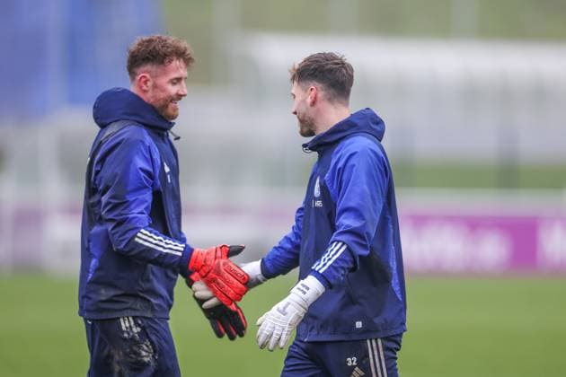 12.03.2024, Fussball, Saison 2023 2024, 2. Bundesliga, Training FC Schalke 04, v. l. Ralf Fährmann (FC Schalke 04), Marius Müller (FC Schalke 04) Gelsenkirchen Veltins Arena NRW Deutschland xRHR-FOTO TRx