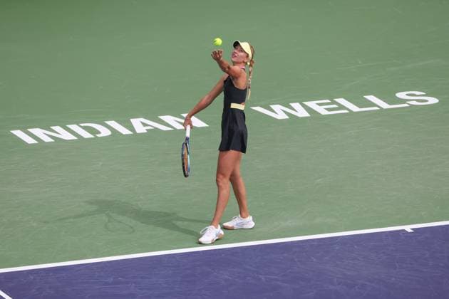 INDIAN WELLS, CA - MARCH 12: Anastasia Potapova serves during the BNP Paribas Open on March 12, 2024 at Indian Wells Tennis Garden in Indian Wells, CA. (Photo by George Walker Icon Sportswire) TENNIS: MAR 12 BNP Paribas Open EDITORIAL USE ONLY Icon240312001