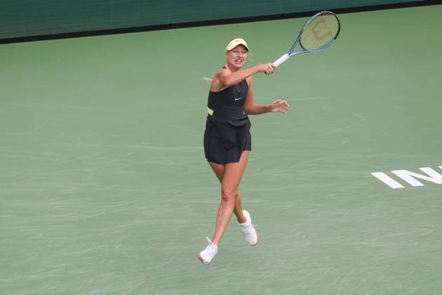 INDIAN WELLS, CA - MARCH 12: Anastasia Potapova hits a forehand during the BNP Paribas Open on March 12, 2024 at Indian Wells Tennis Garden in Indian Wells, CA. (Photo by George Walker Icon Sportswire) TENNIS: MAR 12 BNP Paribas Open EDITORIAL USE ONLY Icon240312005