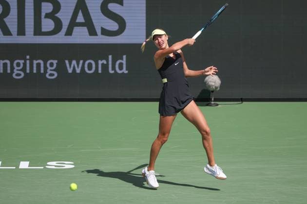 INDIAN WELLS, CA - MARCH 12: Anastasia Potapova hits a forehand during the BNP Paribas Open on March 12, 2024 at Indian Wells Tennis Garden in Indian Wells, CA. (Photo by George Walker Icon Sportswire) TENNIS: MAR 12 BNP Paribas Open EDITORIAL USE ONLY Icon240312017