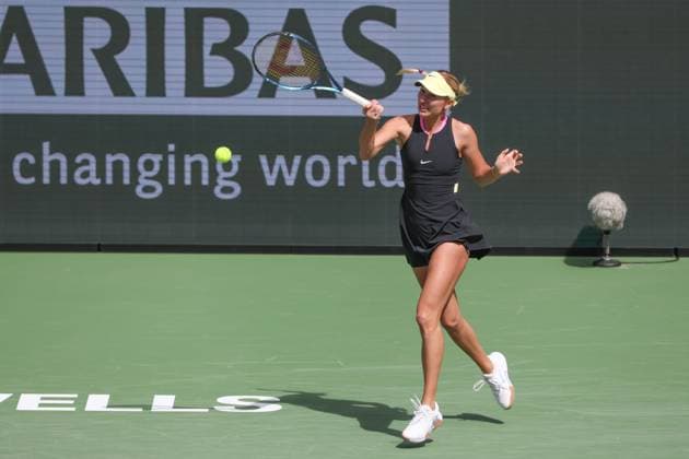INDIAN WELLS, CA - MARCH 12: Anastasia Potapova hits a forehand during the BNP Paribas Open on March 12, 2024 at Indian Wells Tennis Garden in Indian Wells, CA. (Photo by George Walker Icon Sportswire) TENNIS: MAR 12 BNP Paribas Open EDITORIAL USE ONLY Icon240312020