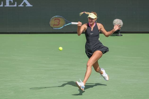 INDIAN WELLS, CA - MARCH 12: Anastasia Potapova hits a forehand during the BNP Paribas Open on March 12, 2024 at Indian Wells Tennis Garden in Indian Wells, CA. (Photo by George Walker Icon Sportswire) TENNIS: MAR 12 BNP Paribas Open EDITORIAL USE ONLY Icon240312021