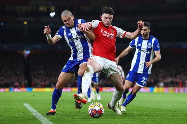 Arsenal v Porto 12 March 2024, London - UEFA Champion™s League, Round of Sixteen, Second Leg - Arsenal v Porto - Pepe of Porto and Declan Rice of Arsenal - Photo: Charlotte Wilson Offside. London UK Copyright: xCharlottexWilsonx xOffsidexOffside